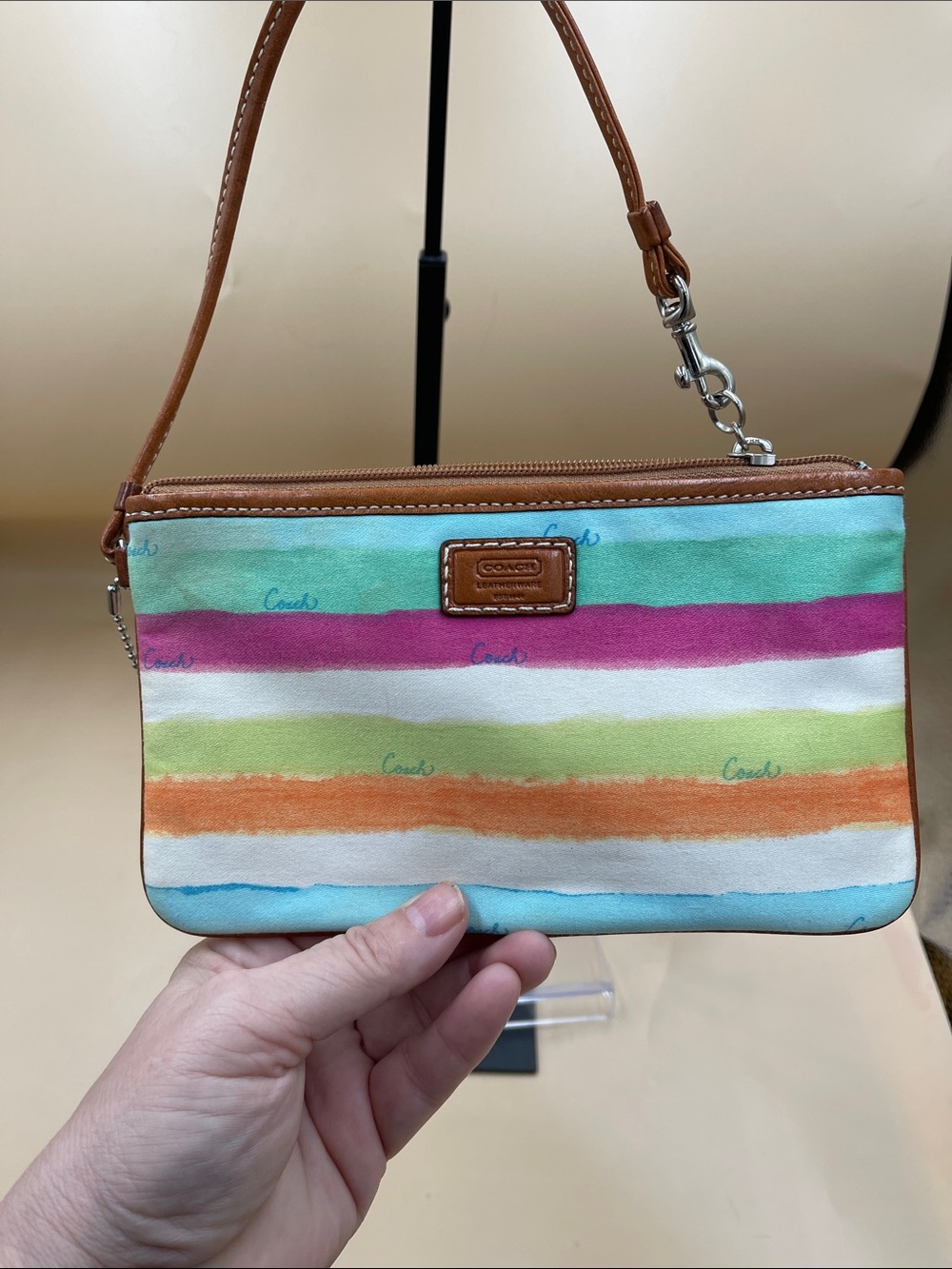 Coach Striped Multi-Color Canvas Wristlet with Tan Leather Trim Rare Watercolor